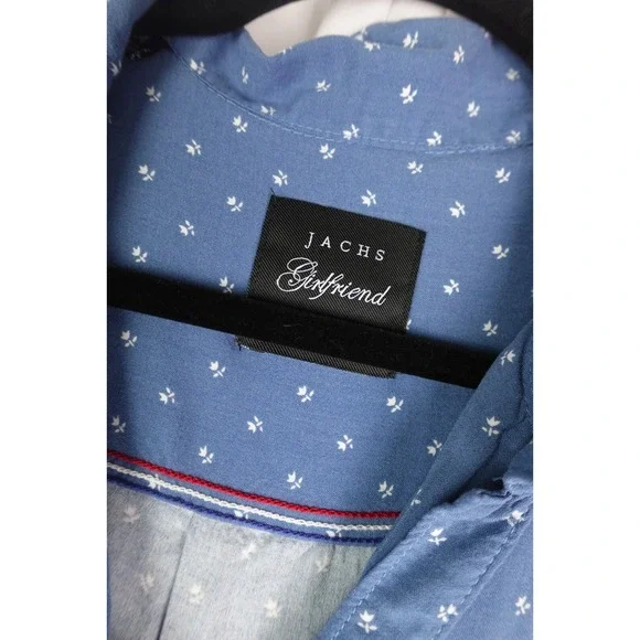 JACHS‎ Girlfriend Blue Shirt L Cottagecore Sleeveless Chambray Floral Blouse - Picture 2 of 6